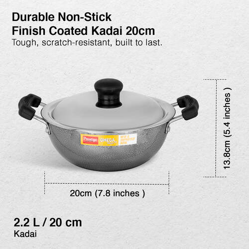 Prestige Omega Select Plus Aluminium Flat Base Non-Stick Coating Kadai with SS Lid, (Black)