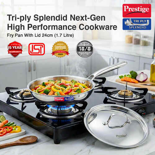 Prestige 24cm/1.7L Tri-Ply Stainless Steel Splendid Fry Pan with Lid|Gas and Induction Compatible|Even Heat Distribution| Thick Gauge Tri-Ply Body|15 Year Warranty