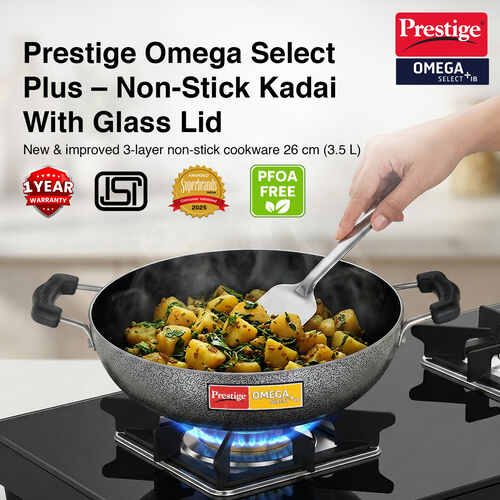 Prestige Omega Select Plus IB Non-Stick Cookware - Kadai 260 mm Dia. with Glass Lid (3.25 L)