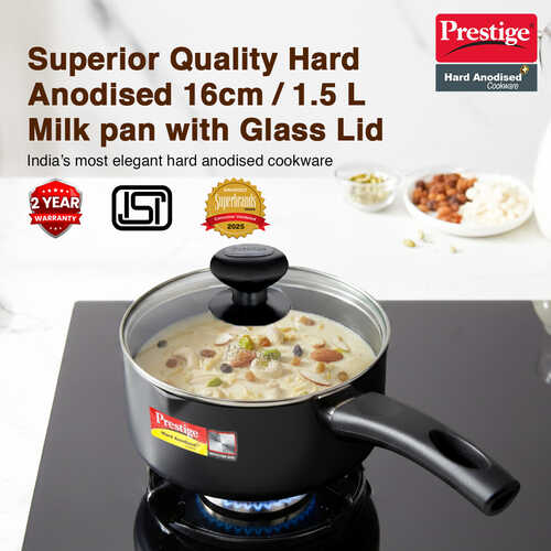 Prestige Hard Anodised Plus Gas and Induction Compatible Milk Pan with Glass Lid, 16cm, 1.5 L (Black)