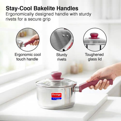 Prestige Platina Popular Stainless Steel Unique Impact Forged Bottom Sauce Pan with Glass Lid, 18cm (2 L) (Silver)