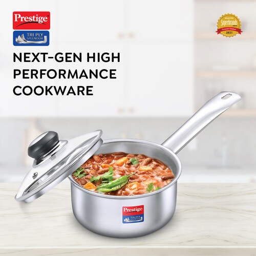 Prestige 18cm/2L Tri-Ply Stainless Steel Splendor Sauce Pan with Glass Lid|Gas and Induction Compatible| Even Heat Distribution|Strong and Durable| Perma-Cool Handles| Lifetime Warranty