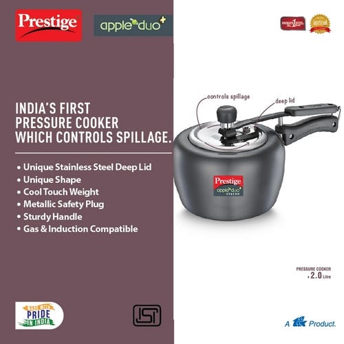 Prestige Apple Duo Plus Hard Anodised Spillage Control Pressure Cooker (Black)