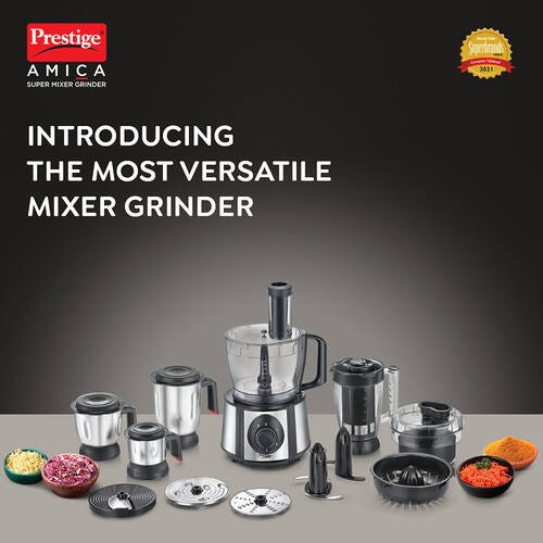 Amica Super Mixer Grinder 1000 W, 5 Jars (Black and Silver) with Multiple Accessories