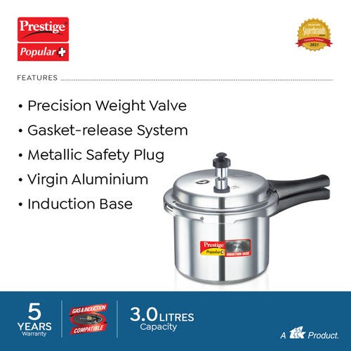 Prestige Popular Plus Virgin Aluminium Gas and Induction Compatible Pressure Cooker, 3 L (Silver)