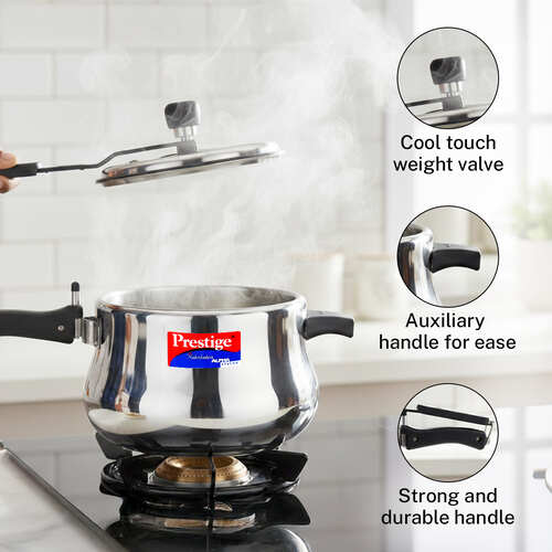 Prestige Nakshatra Alpha Svachh Stainless Steel Spillage Control Handi Pressure Cooker, 5.5 L (Silver)