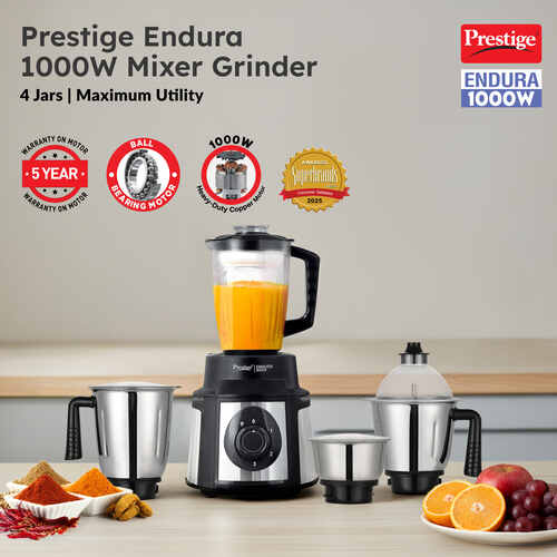 Prestige Endura 1000 Watt Mixer Grinder with 4 Jars | Heavy-Duty Ball Bearing Copper Motor | 3 Stainless Steel + 1 Juicer | Super Efficient SS Blades | Black | 5Y Motor Warranty