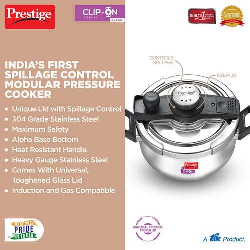 Prestige Clip-on Mini Svachh Stainless Steel Spillage Control Pressure Cooker with Glass Lid, (Silver)