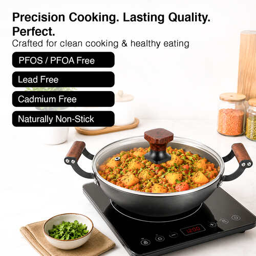 Prestige Lightweight Cast Iron Kadai 24cm/2.4L with Glass Lid | Castlite Series | Durable & Easy to Clean | Enamel Coated | Gas & Induction Compatible | 15Y Product Warranty