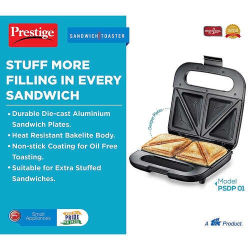 Prestige PSDP 01 New Deep Sandwich Maker 750W with Non-stick Heating Plates