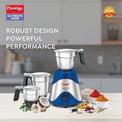 Prestige Ultimate 550 W Mixer Grinder, 3 Jars (1600 ml, 1300 ml, 700 ml) (Blue, Silver)