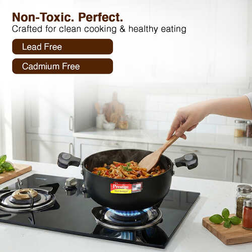 Prestige Hard Anodised Plus Gas and Induction Compatible Kadai with Glass Lid, 20 cm, Black