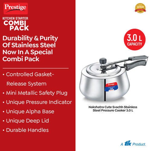 Prestige Nakshatra Cute Svachh 3 L Pressure Cooker + Platina Popular 22 cm (2.25 L) Kadai with Glass Lid and Platina Popular 22 cm (1.9 L) Fry Pan Kitchen Set