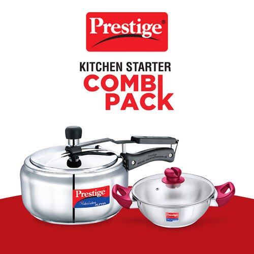 Prestige Nakshatra Alpha Gas and Induction Compatible Pressure Cooker (3.5 L) + Platina Popular Kadai with Glass Lid, 22 cm (2.25 L) Kitchen Set