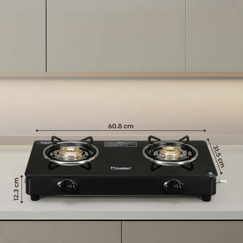 Prestige IRIS Plus Auto Ignition Gas Stove | Toughened Black Glass-Top | Tri-Pin Brass Burners | Ergonomic Knob Design | Black