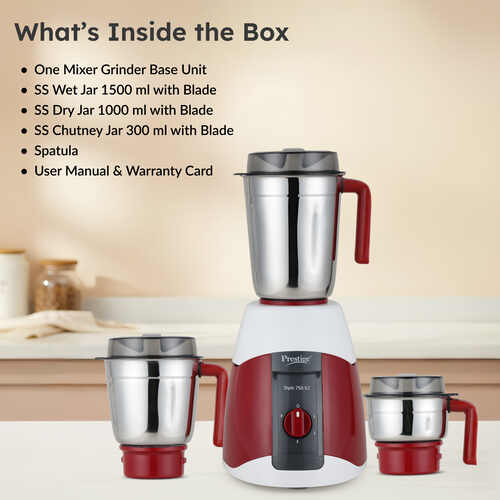 Prestige 750 Watts Stylo V2 Mixer Grinder with 3 Stainless Steel Jar| Ergonomic Design| See-Through Lids|Sturdy Handles| Durable Body| Red and White