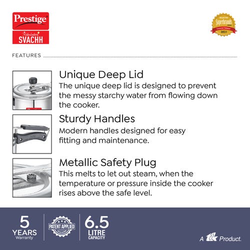 Prestige Nakshatra Plus Svachh Aluminium Spillage Control Pressure Cooker 6.5 L (Silver)