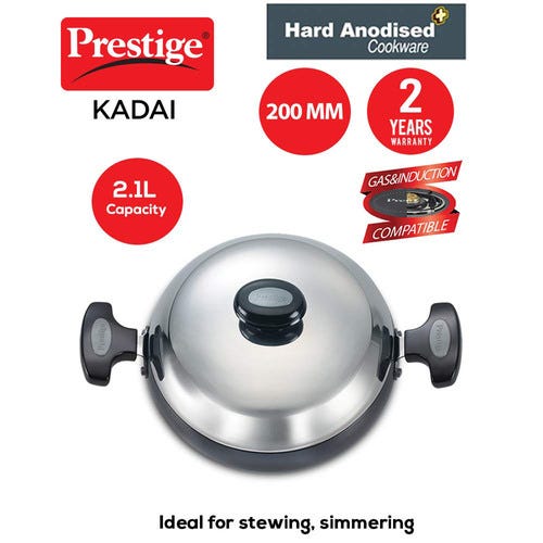 Prestige Hard Anodised Plus Gas and Induction Compatible Kadai with Lid, (Black)