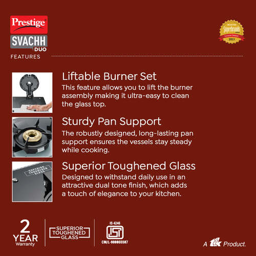 Prestige Svachh Duo Toughened Glasstop Gas Stove with Liftable 4 Burners (Black) - GTSD 04 L