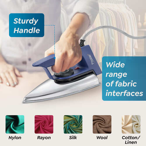 Prestige Magic Cruise 600W Dry Iron|Greblon Non-Stick Coated Sole Plate|Wide Range Of Fabric Interface|Light Weight|Neon Indicator Light|2 Year Warranty|Blue & Silver