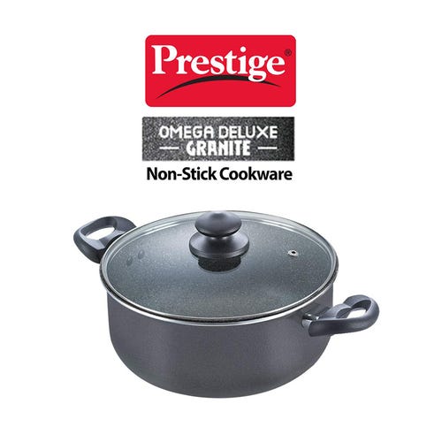 Prestige Omega Deluxe Granite Non-stick Round Base Sauce Pan with Glass Lid (Black)