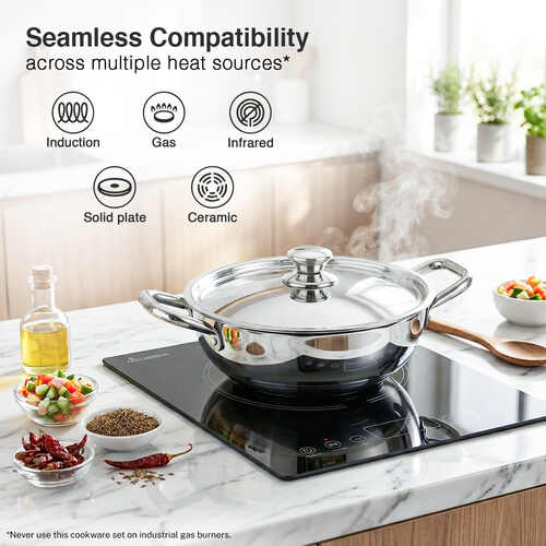Prestige TRIPLY 4 Pc Cookware Set | TRIPLY Splendid | Fry Pan 22cm/1.2L | Kadai 22cm/2.1L | Saucepan 14cm/1L | SS Lid 24cm | Gas & Induction Compatible | Even Heat Distribution | 15Y Warranty | ISI
