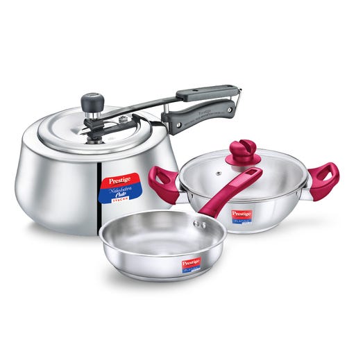 Prestige Nakshatra Cute Svachh 3 L Pressure Cooker + Platina Popular 22 cm (2.25 L) Kadai with Glass Lid and Platina Popular 22 cm (1.9 L) Fry Pan Kitchen Set