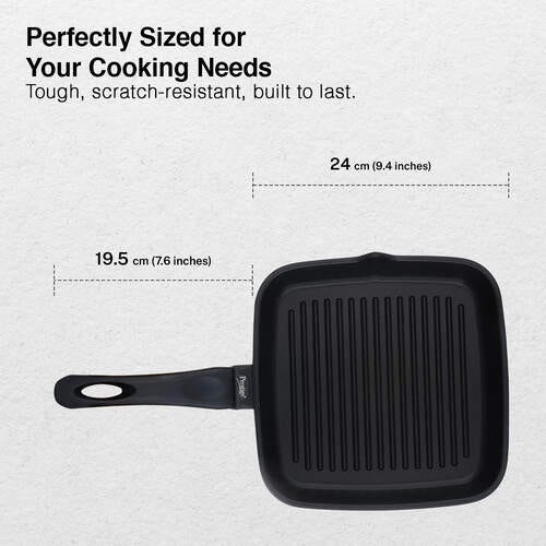 Prestige Omega Die Cast + Aluminium Non-Stick Square Grill Pan 24cm 3-Layer Easy Release Coating|Thick 5.5 mm Base|Induction Base|Die-Cast Body|Black