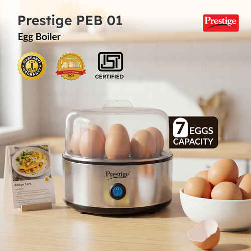 Prestige PEB 01 Egg Boiler (7 Egg Capacity)| 3 Boiling Modes| Auto- Switch Off| Stainless Steel Body|One Touch Operation| Customizable Boiling Level| Measuring Cup Inside| 7 Eggs at a Time|Silver