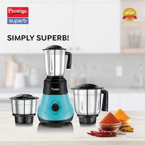 Prestige 500 Watts Superb Plus Mixer Grinder with 3 Stainless Steel Jars|Sturdy Handles| Flow Breaker| Blue and Black
