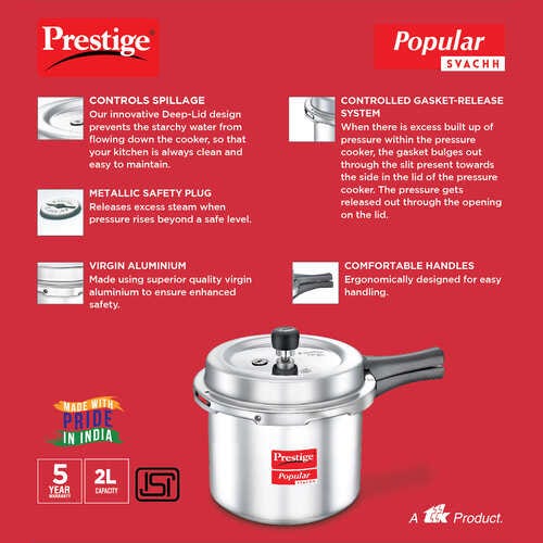 Prestige Popular Svachh Virgin Aluminium Gas and Induction Compatible Pressure Cooker, (Silver)