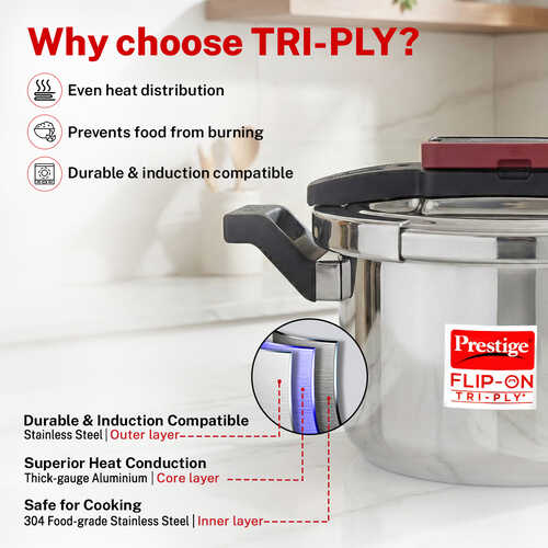 Prestige Flip-On Tri-Ply Stainless Steel Pressure Cooker 5 L 220M With Glass L|D
