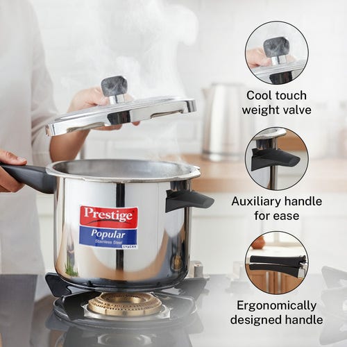 Prestige Popular Svachh Spillage Control Stainless Steel Pressure Cooker, 5 L (Silver)