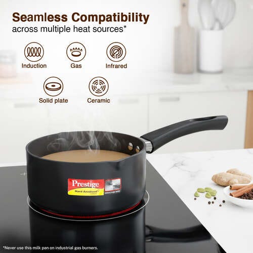 Prestige Hard Anodised Plus Gas and Induction Compatible Milk Pan with Glass Lid, 16cm, 1.5 L (Black)
