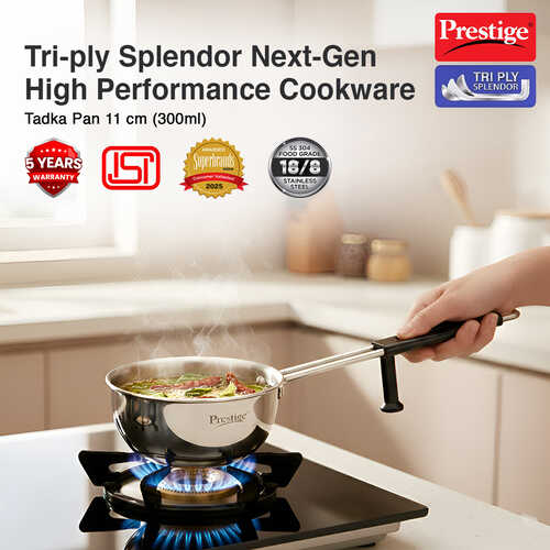 Prestige 11cm/300ml Tri-Ply Stainless Steel Splendor Tadka Pan| Gas & Induction Compatible| Rimmed Edge| In-Built Stand| Heat Resistance Handle| Thick Gauge| Life Time Warranty