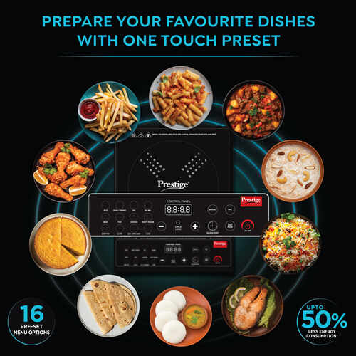 Prestige Cookcenter Induction Cooktop, Flip On Stainless Steel Pressure Cooker 5L 22cm Dia with Glass Lid, 4 Idly Plates, Frying Basket, Cake Mould 2.1, Cooker Separator 19cm Dia