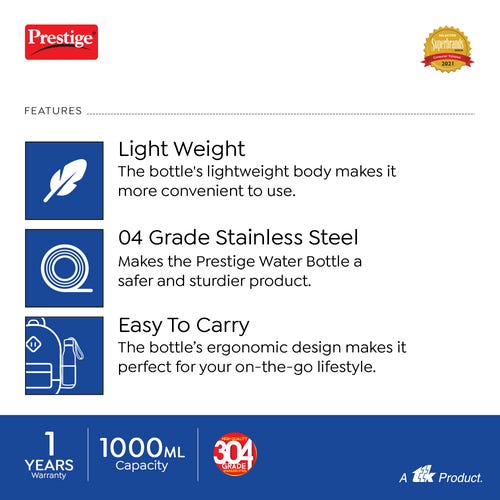 Prestige PSWBC 08 Stainless Steel Single Wall Water Bottle, 1 L (Assorted)