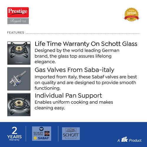 Prestige Royale Plus Schott Glass Top Gas Stove (3 Burners) - GT 03L SS