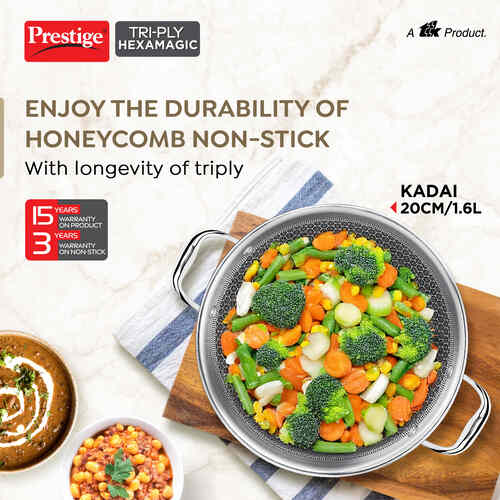 Prestige TRIPLY HexaMagic Kadai | Durable Honeycomb Non-Stick Structure | Low Oil Consumption | Metal Spoon Friendly | Gas & Induction Compatible | 15Y Product & 3Y Coating Warranty| ISI