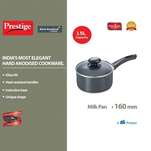 Prestige Hard Anodised Plus Gas and Induction Compatible Milk Pan with Glass Lid, (Black)