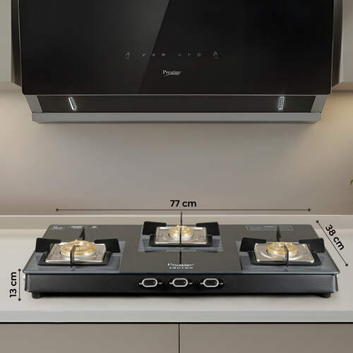 Prestige Vectra 3 Burner Glasstop Gas Stove|Superior Toughened Glass|Jumbo Brass Burner|3-Way Gas Inlet|360 Degree Revolving Nozzle|10 Years Warranty on Glass|Black