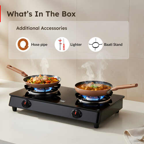 PRESTIGE ATLAS PLUS LP GAS STOVE 1 U GTA-02+ (WITH POWDER COATED BODY, GLASS TOP AND 2 U BRASS BURNERS) & L. P. GAS HOSE (WITH STEEL WIRE RE-INFORCED-1.5m)1 U & GAS LIGHTER PGL 03 1 U & KNIFE 1 U FREE