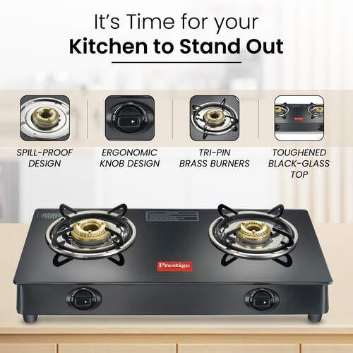 Prestige Iris Plus 2 Burner Auto Ignition Gas Stove | Toughened Glass Top | Tri-Pin Brass Burners | Ergonomic Knob | Black | 2Y Warranty | ISI Certified
