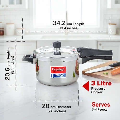 Prestige 3 Litre TRIPLY Svachh Outer Lid Pressure Cooker | Deep Lid for Spillage Control | Gas & Induction Compatible | Gasket Release System | Visual Pressure Indicator | 5Y Warranty | ISI