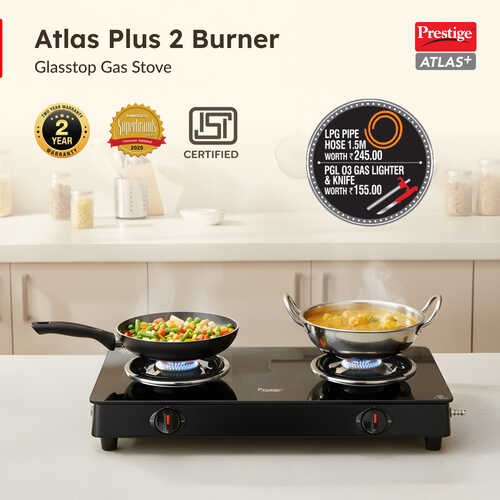 PRESTIGE ATLAS PLUS LP GAS STOVE 1 U GTA-02+ (WITH POWDER COATED BODY, GLASS TOP AND 2 U BRASS BURNERS) & L. P. GAS HOSE (WITH STEEL WIRE RE-INFORCED-1.5m)1 U & GAS LIGHTER PGL 03 1 U & KNIFE 1 U FREE
