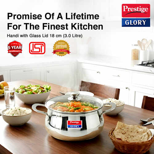 Prestige Glory Stainless Steel Cookware Handi 18 Cm /3.0 L With Glass Lid