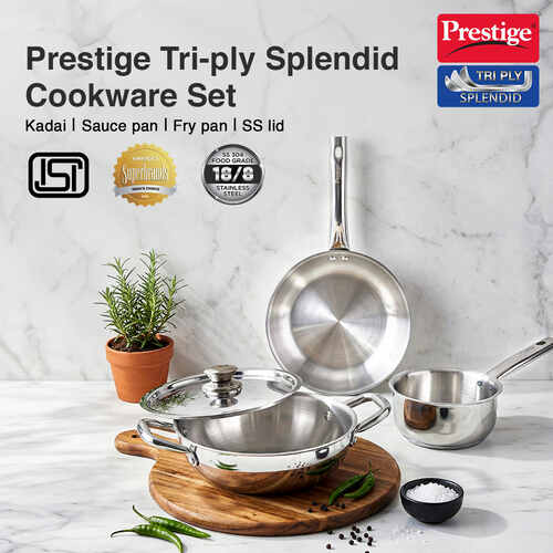 Prestige TRIPLY 4 Pc Cookware Set | TRIPLY Splendid | Fry Pan 22cm/1.2L | Kadai 22cm/2.1L | Saucepan 14cm/1L | SS Lid 24cm | Gas & Induction Compatible | Even Heat Distribution | 15Y Warranty | ISI