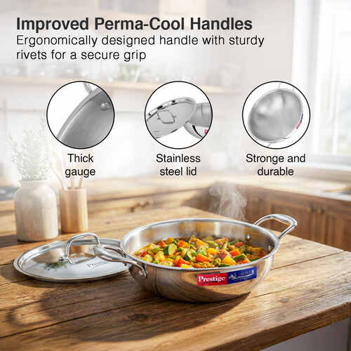 Prestige 22cm/2.1L Tri-Ply Stainless Steel Splendid Kadai with Lid|Gas and Induction Compatible|Even Heat Distribution| Thick Gauge Tri-Ply Body| Perma Cool Handles|15 Year Warranty
