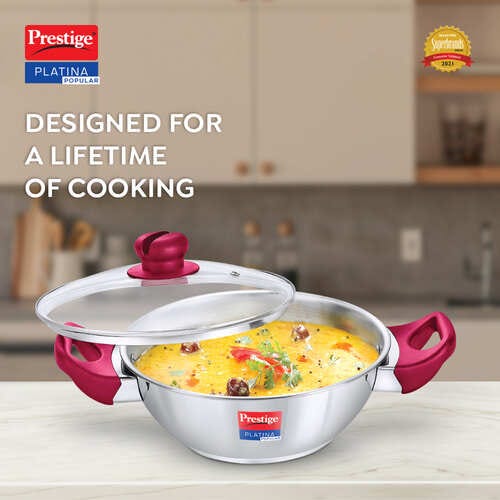 Prestige Platina Popular Stainless Steel Unique Impact Forged Bottom Kadai with Toughened Glass Lid - Silver
