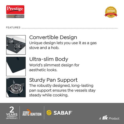 Prestige Desire Hobtop L P Gas Table ( PHTD 03 AI Black With Glass Top, 3 Burners & Auto Ignition)